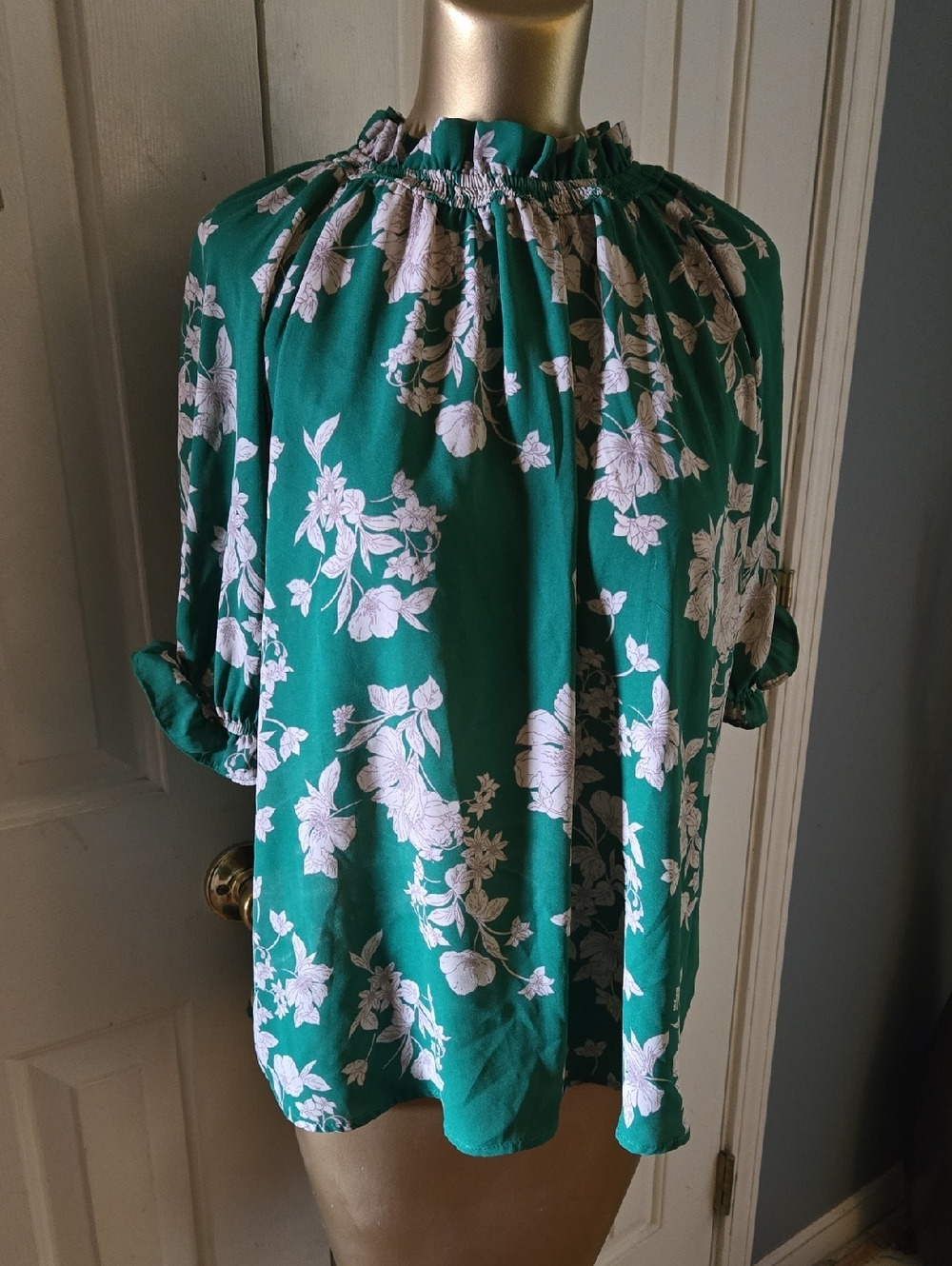Green Floral Peasant Blouse - Women's Top